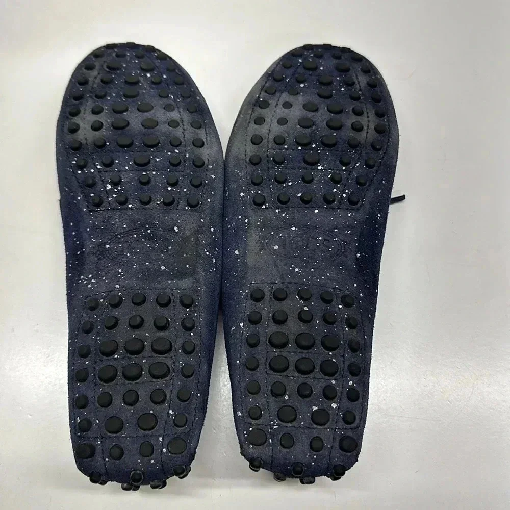 Tods Driving Moccasins Loafers Suede Leather Paint Splatter Navy Blue Size 7.5